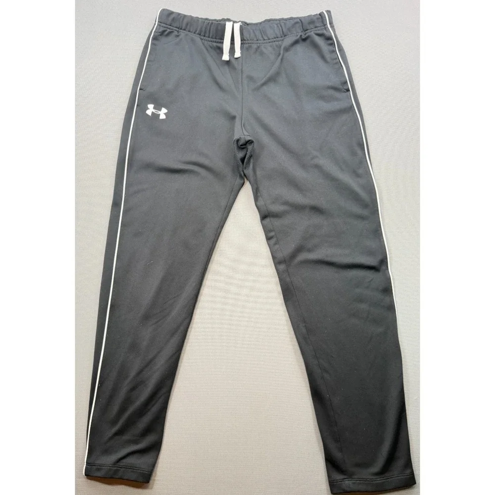 Under Armour Athletic Track Pants Black White Side Piping Logo Boy's Youth Large